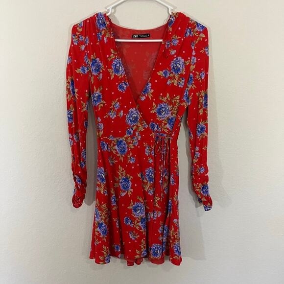 Zara Women's Red Floral Mini Wrap Dress Size S Style 9049/687/600/S - Picture 2 of 12